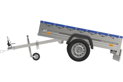 Garden Trailer 200 Kipp Einachsanhänger mit Stützrad und blauer Flachplane